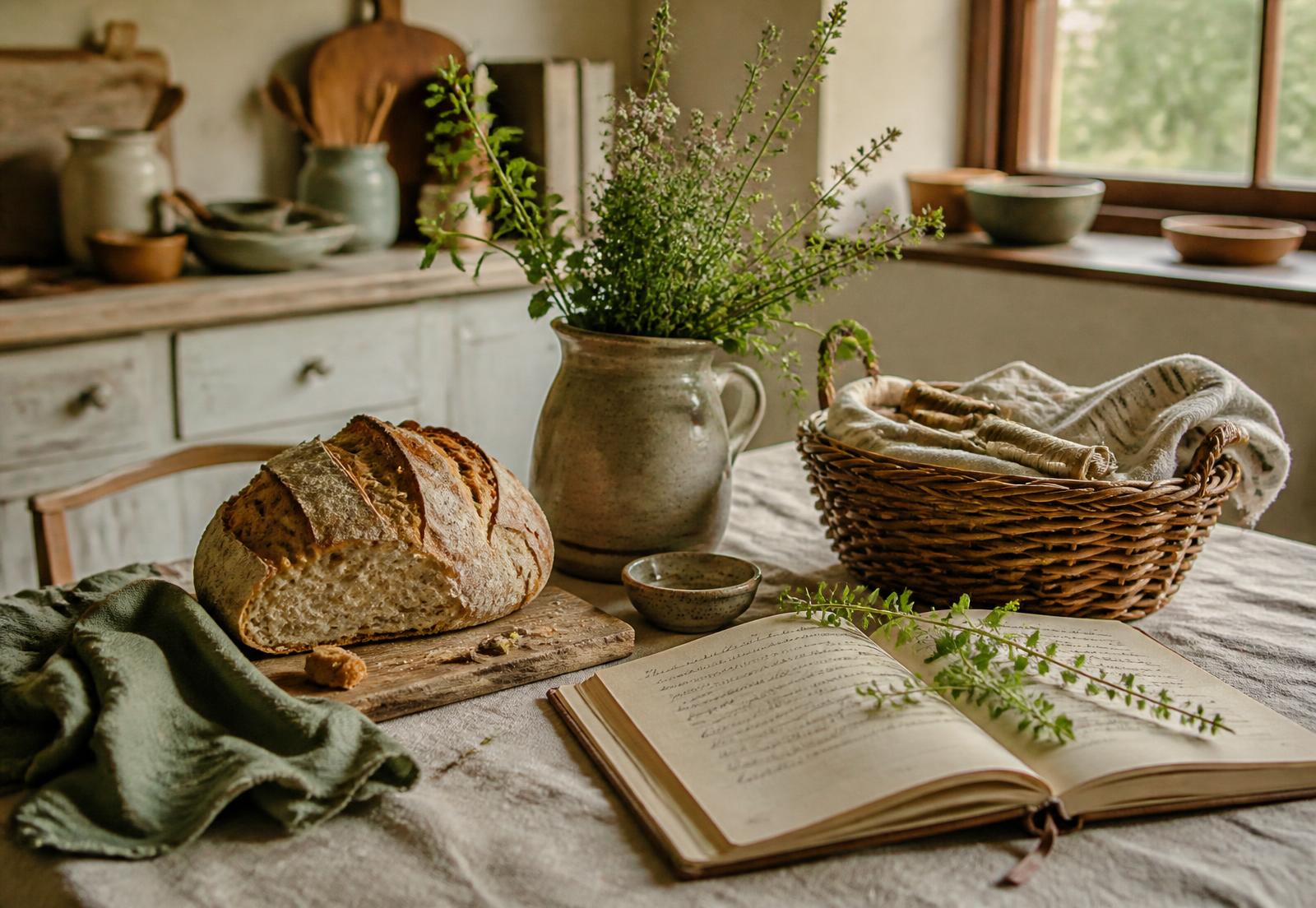 A sunlit kitchen table with herbs, preserves and a handwritten notebook